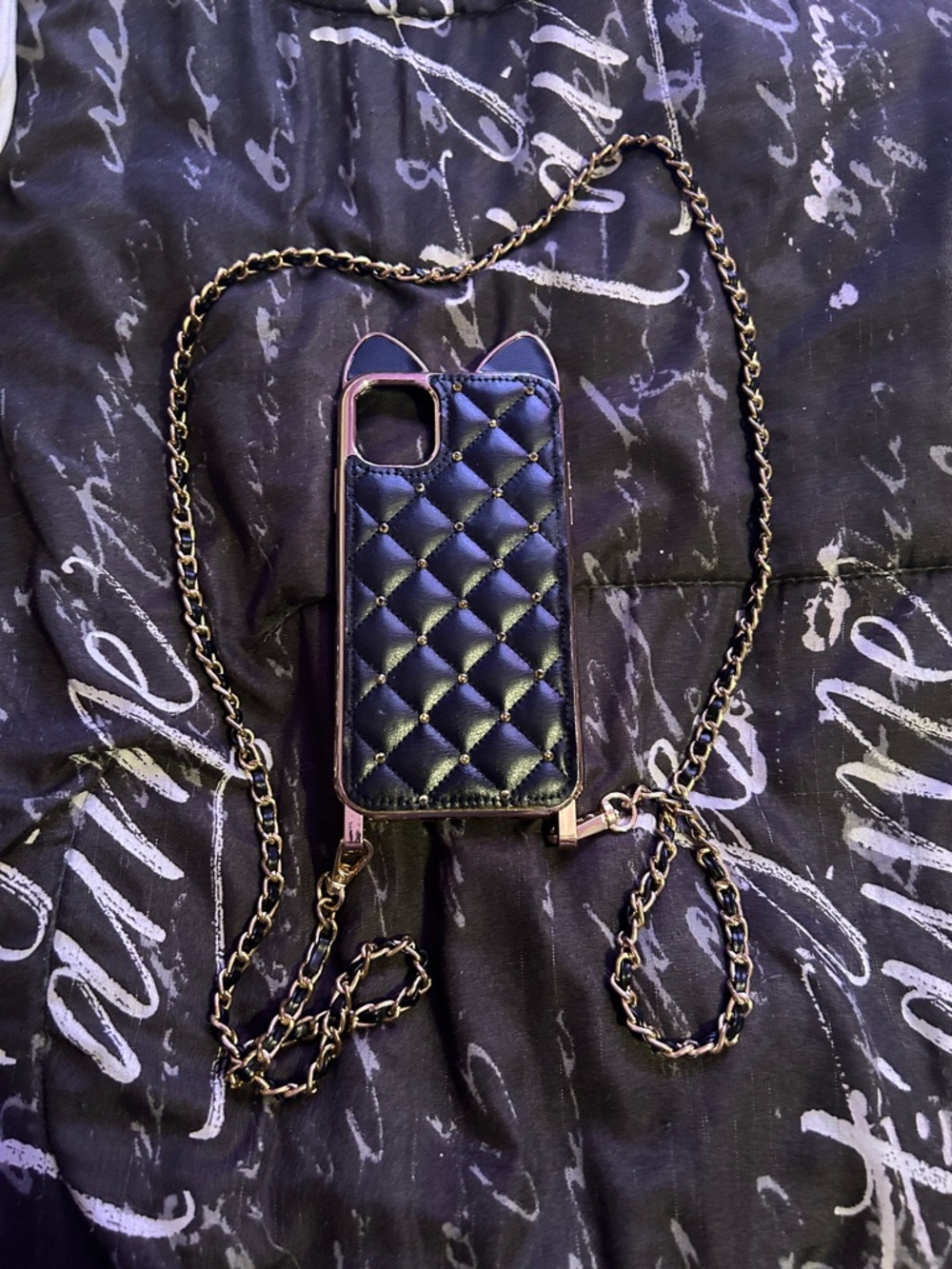 Quilted Cat Ear Crossbody Phone Case - Black